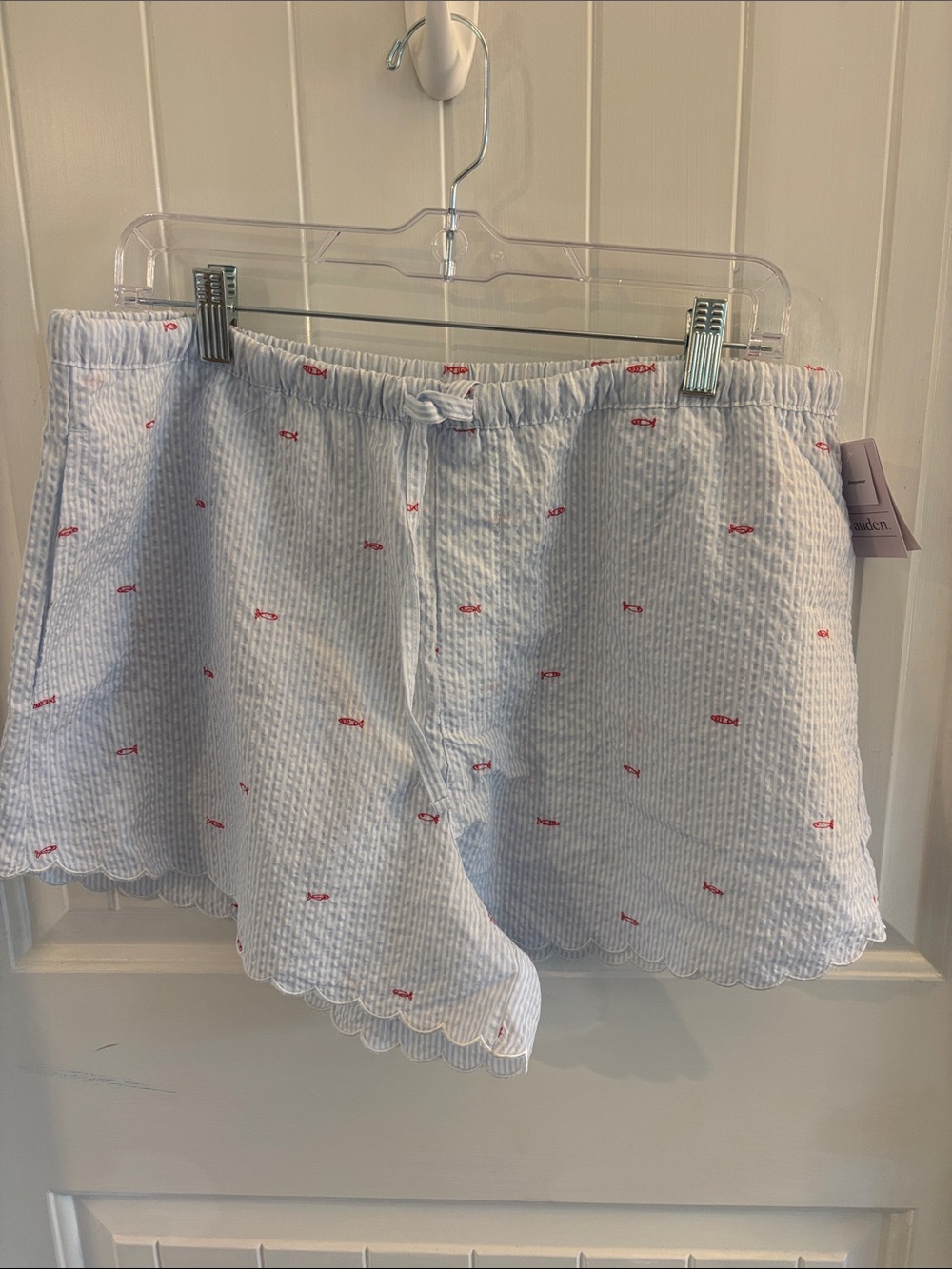 Auden White Seersucker Shorts with Red Embroidery